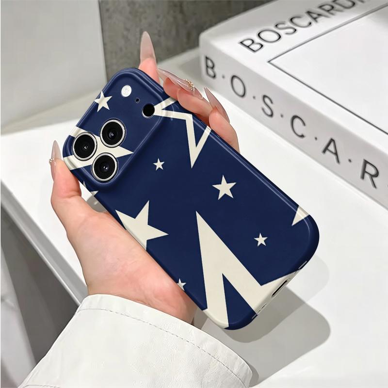 Navy Cream Oversized Star Geometric Pattern Art Film Aesthetic Protective Shockproof Bumper Phone Case Cover For iPhone 13 14 15 16 17 Pro Max Plus