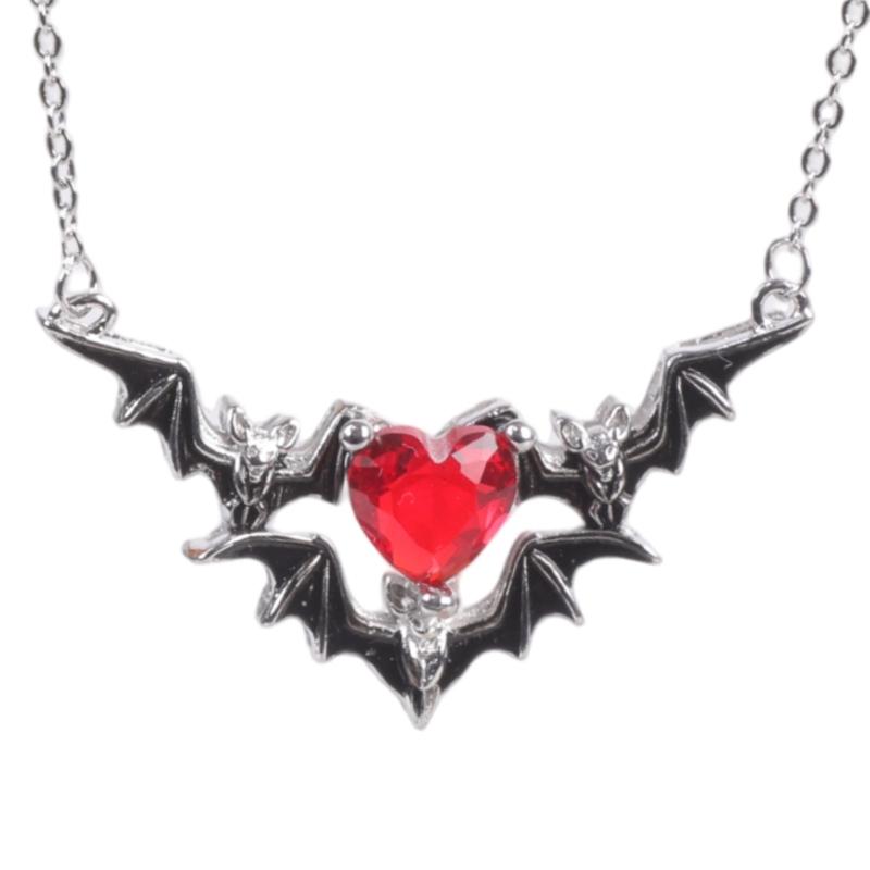 Edgy Heart Bat Wing Pendant Necklace Dark Fantasy Skull Hand Jewelry For Women Gothic Halloween Gift Fashion Accessory