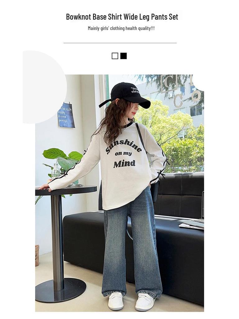 2025 Trendy Girls' Loose Long Sleeve Letter Stripe Top for Big Kids