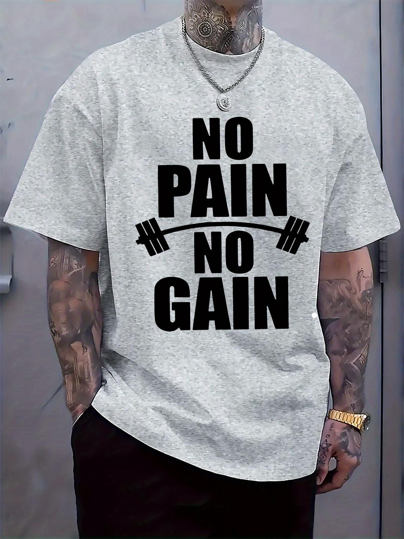 NO PAIN NO GAIN Motivational Workout T-shirt - Regular Fit Casual Short Sleeve Tee with Barbell Graphic M