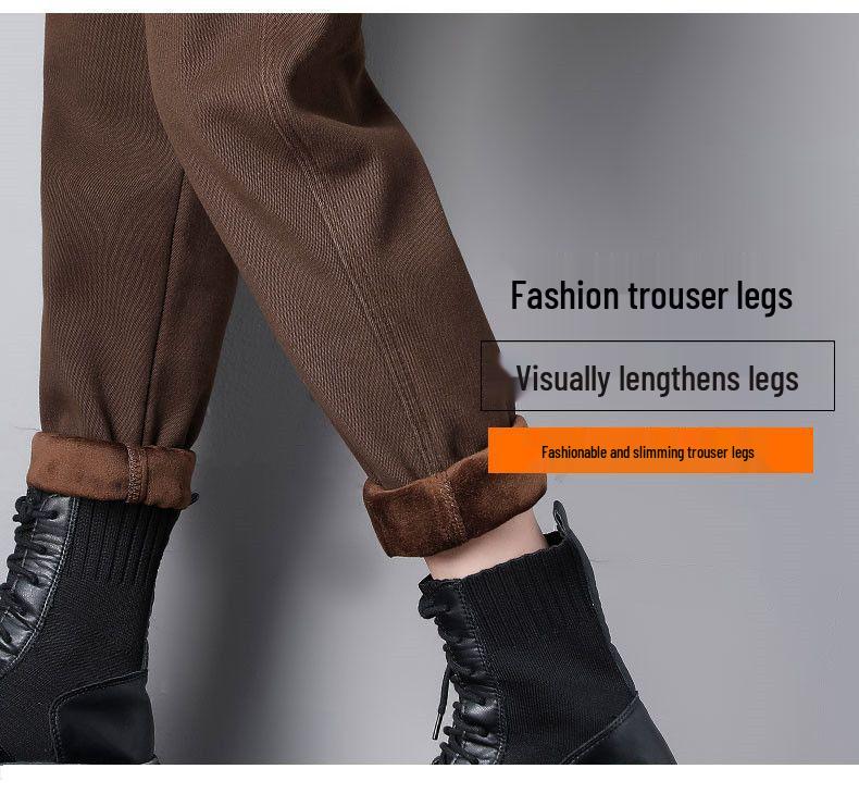 Women's Thickened Velvet Straight-Leg Jeans, Coffee Brown - Autumn/Winter 2025 Collection
