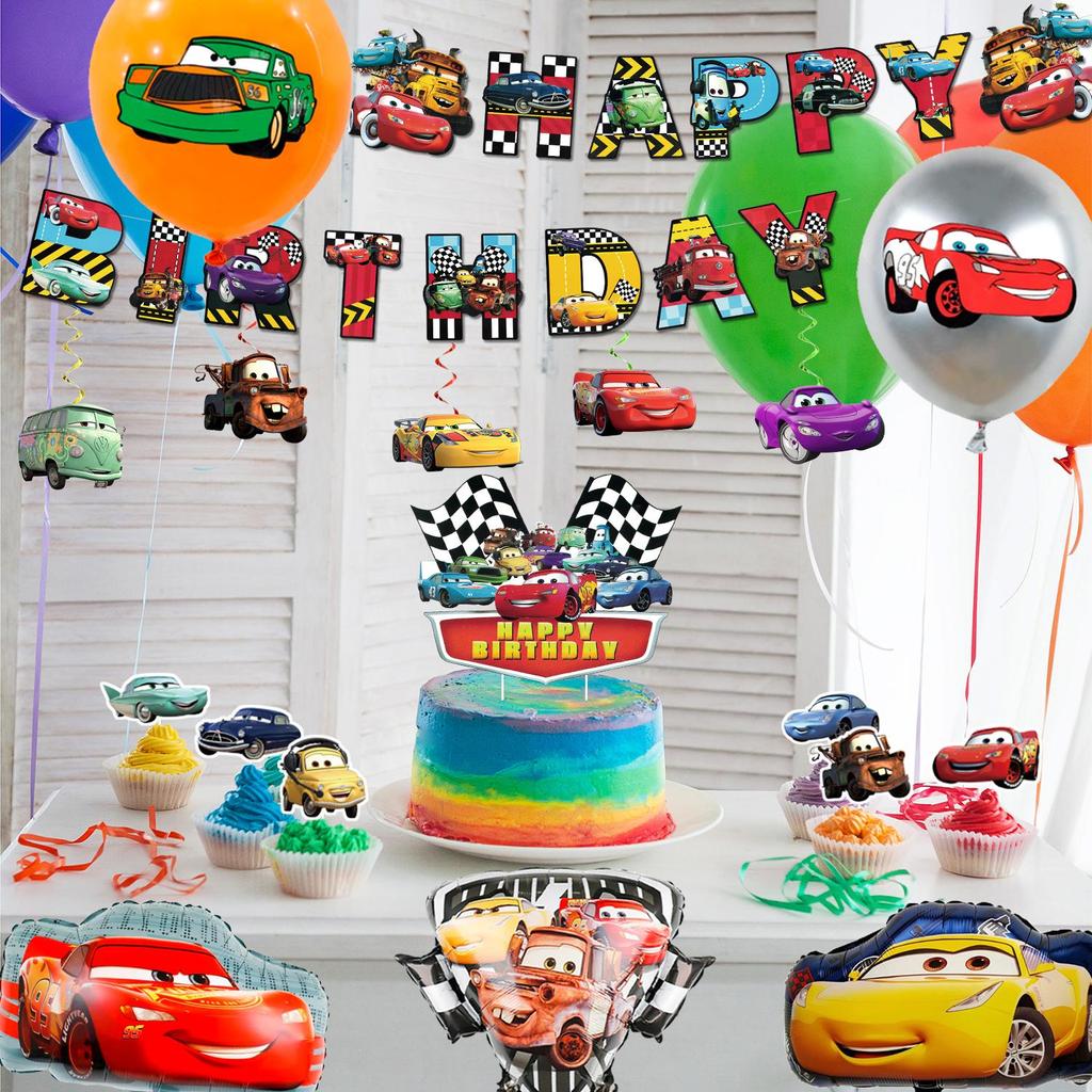38Pcs Cartoon Birthday Party Supplies, Cartoon Decorations Set - Cartoon Birthday Decorations Banner Tablecloth & Cars Balloons Cake Topper Etc