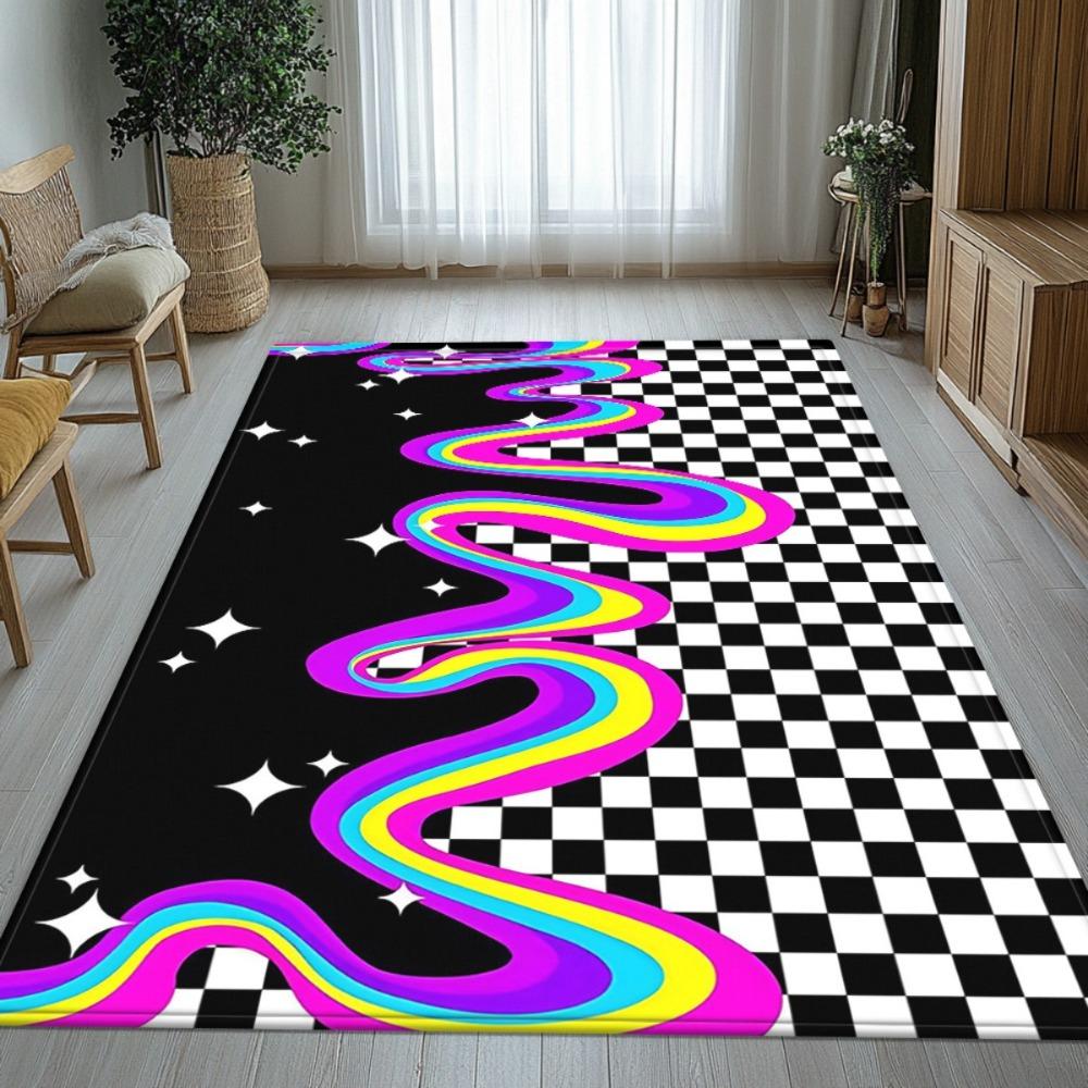 Artistic Rainbow Checkerboard Entrance Mat, Non-Slip Washable Floor Rug, Stylish Home Decor Carpet