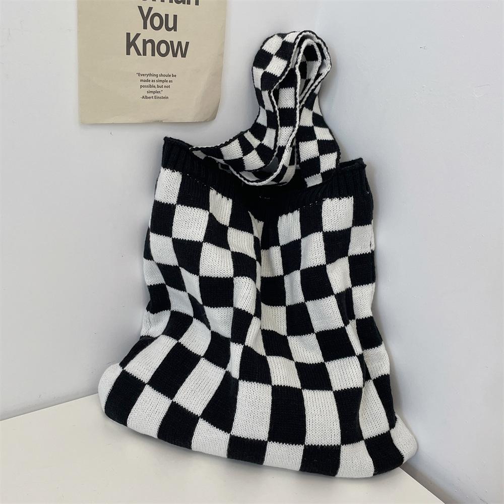 

11 Вязаная сумка в клетку женская осенне-зимняя новая повседневная сумка-тоут большой вместимости портативная холщовая сумка чёрный