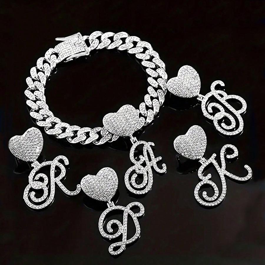 26 English Alphabet Full Diamond Heart Pendant & 13MM Cuban Anklet - Creative Hip-Hop Rapper Jewelry