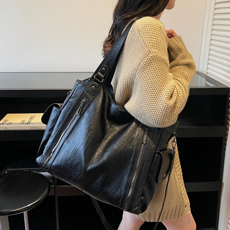 Faux Leather Tote Bag with Dual Zipper Pockets Adjustable Shoulder Strap Women's Everyday Fashion Handbag