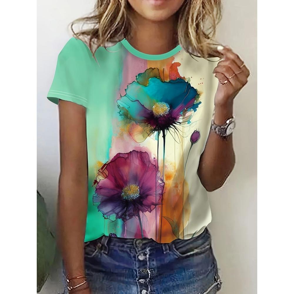 Ink Painting Floral T-Shirts Flower 3D Print Women Summer Short Sleeve Round Neck T Shirt Tees Harajuku Y2K Tops Female Clothing