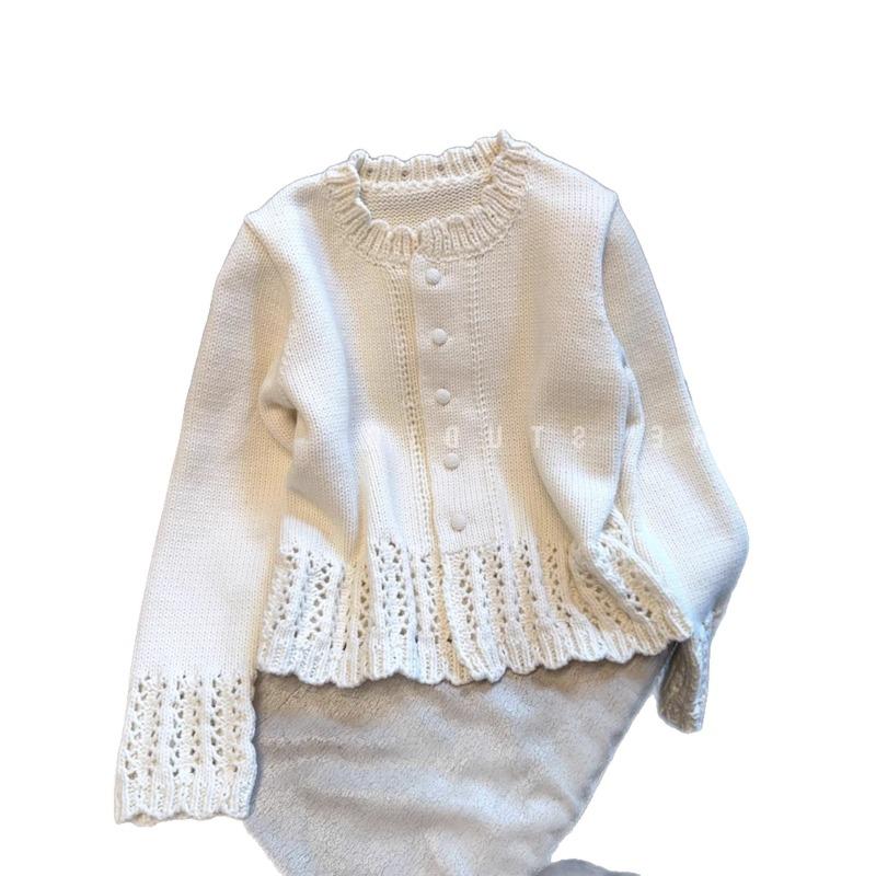 French Hollow Lace Round Neck Single-breasted Knitted Cardigan for Women in Autumn and Winter Gentle Style Loose Short Sweater Jacket