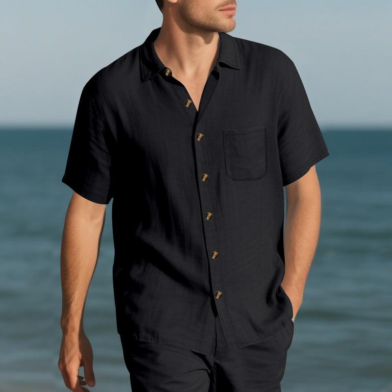 Summer Men's Lapel Shirt Woven Solid Color Simple Loose Casual Short-sleeved Shirt