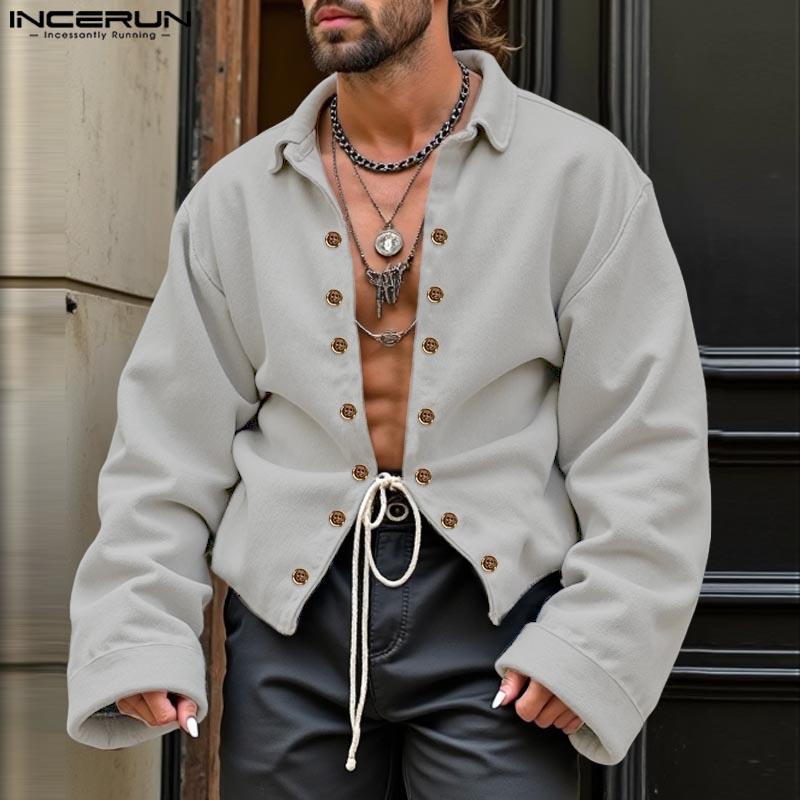 

INCERUN Men Lapel Long Sleeve Bandage Casual Jackets Fleece Short Coats S вино красного