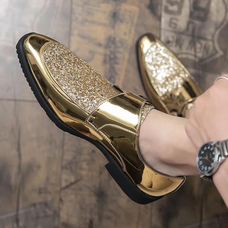 Fashion Shoes Men Casual Man Men's Summer Shine Gold Dress Patent Leather For Mens Gold Moccasins Business Pointed Bussiness Luxury