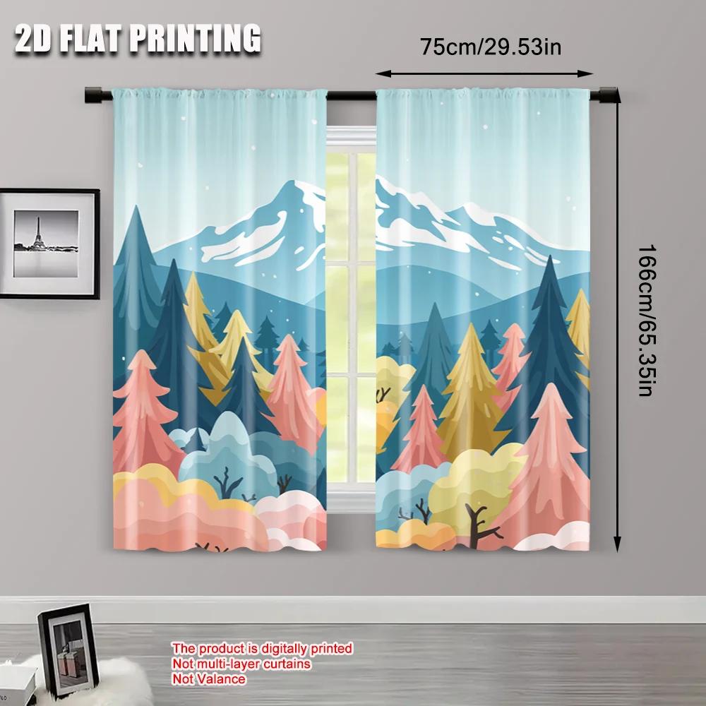 2pcs   2D flat printing Curtain colored trees Versatile Polyester Fabric  Without Electricity Festive Backdrops for Holiday