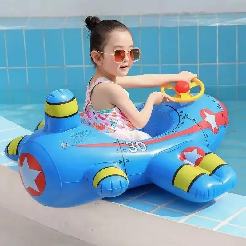 Kids Inflatable Airplane Pool Float with Steering Wheel, Anti-Flip Toddler Swimming Seat Ring for 1-6Y Boys Girls