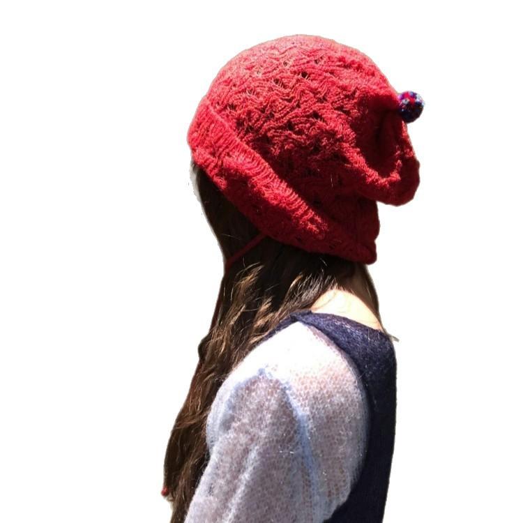 Korean Style Hollow Knitted Woolen Hat for Women Thin Breathable Versatile Face Showing  Trendy Small Pile Hat