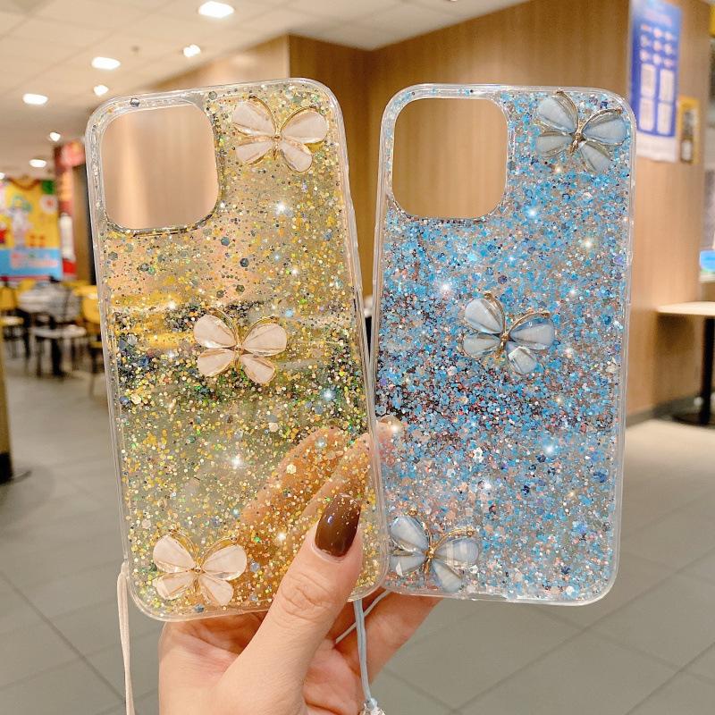 Applicable To Apple 17Pro Glitter Jade Butterfly Hand Rope Epoxy 15 Mobile Phone Case iPhone14 Butterfly 16Pro Max