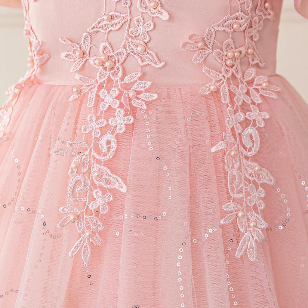 Girls' One-Shoulder Beaded Puff Skirt Evening Dress for Weddings