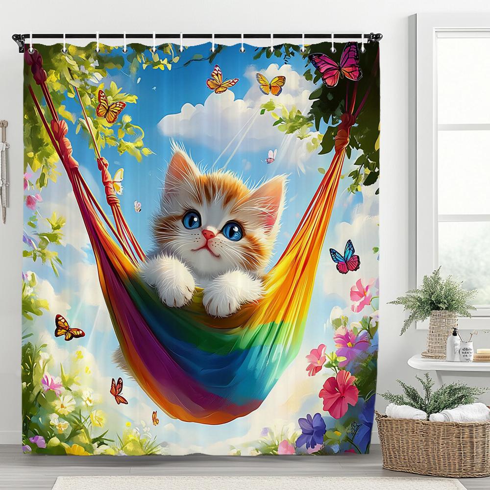 Lovely Hammock Cat With Flowers In Spring Shower Curtain, Bathroom Decorative Shower Curtain,Home Curtain With Hooks