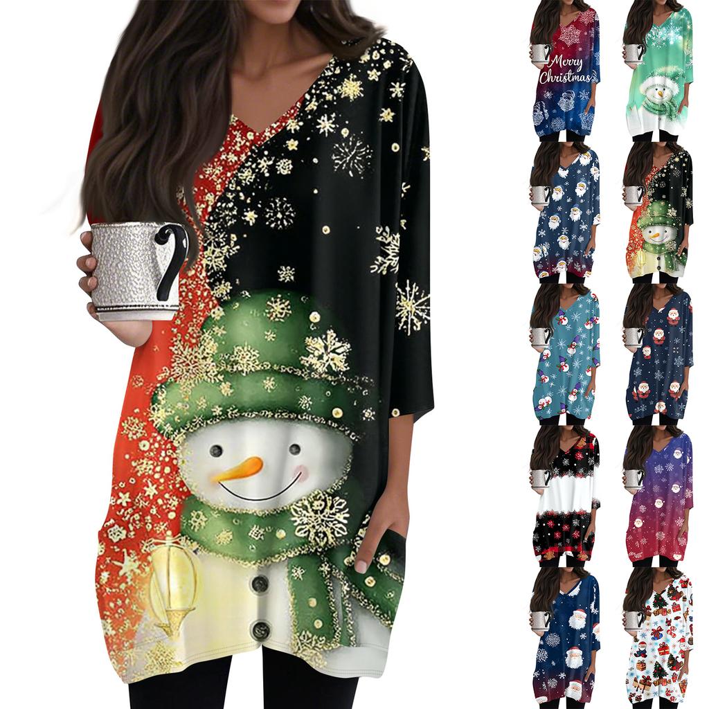 Womens Tops V-neck 3/4 Sleeve Blouses Casual Mid-length Shirts Fashion Christmas Print Tunic Tops With Pockets