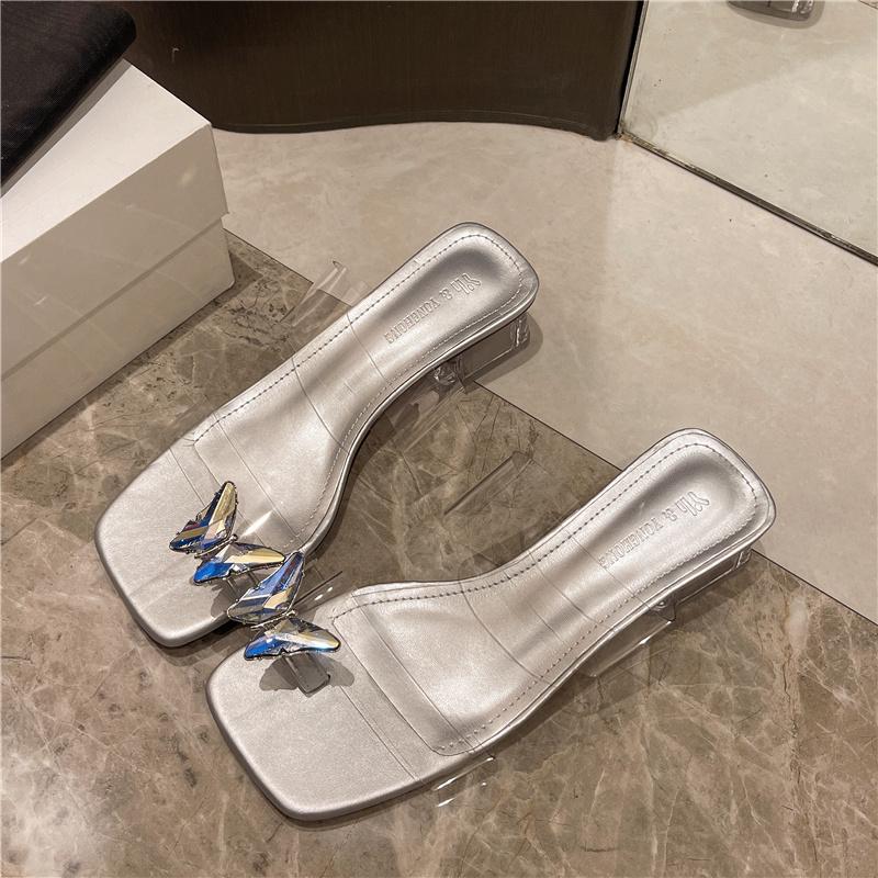 Fashion Aphixta Colorful Butterfly 4.5cm High Heels Elegant Women Slides Transportant Heels Silver Heeled Sandals Summer Shoes Size 41