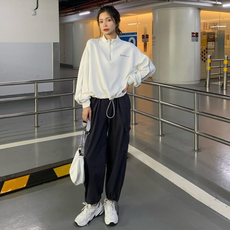 Stehkragen Sweatshirt Damen Herbst neue dünne Mantel lose koreanischen Stil Kordelzug halb Reißverschluss kurze Top Damen trendy