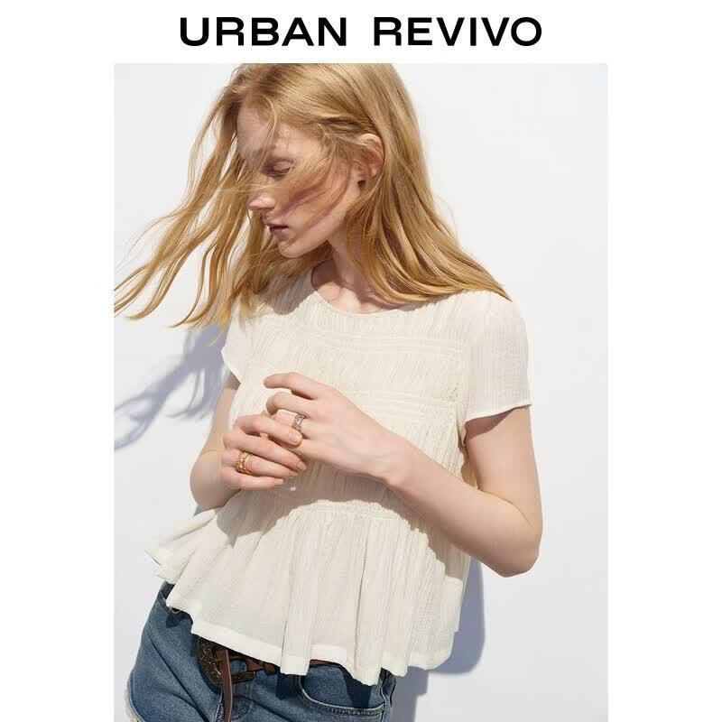 Women's Pleated Round Neck Tie-Back Puff Sleeve Blouse