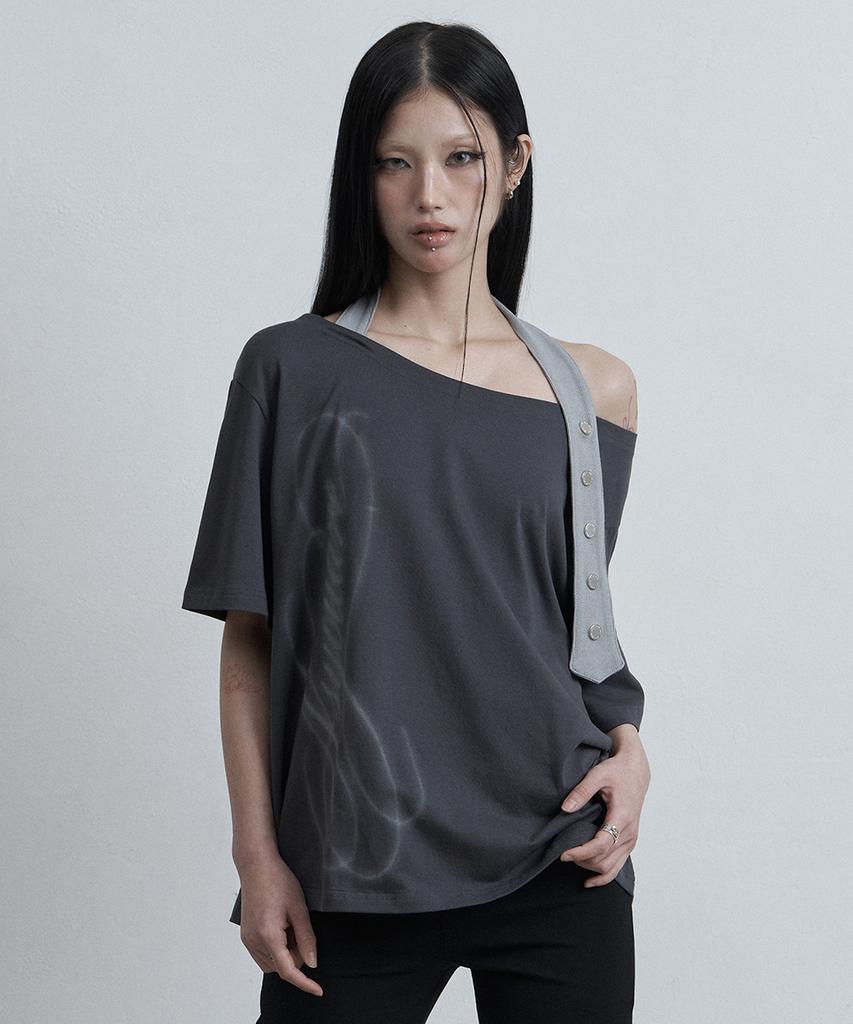 Aejeuyua Belted Halter Off-Shoulder Tee Charcoal