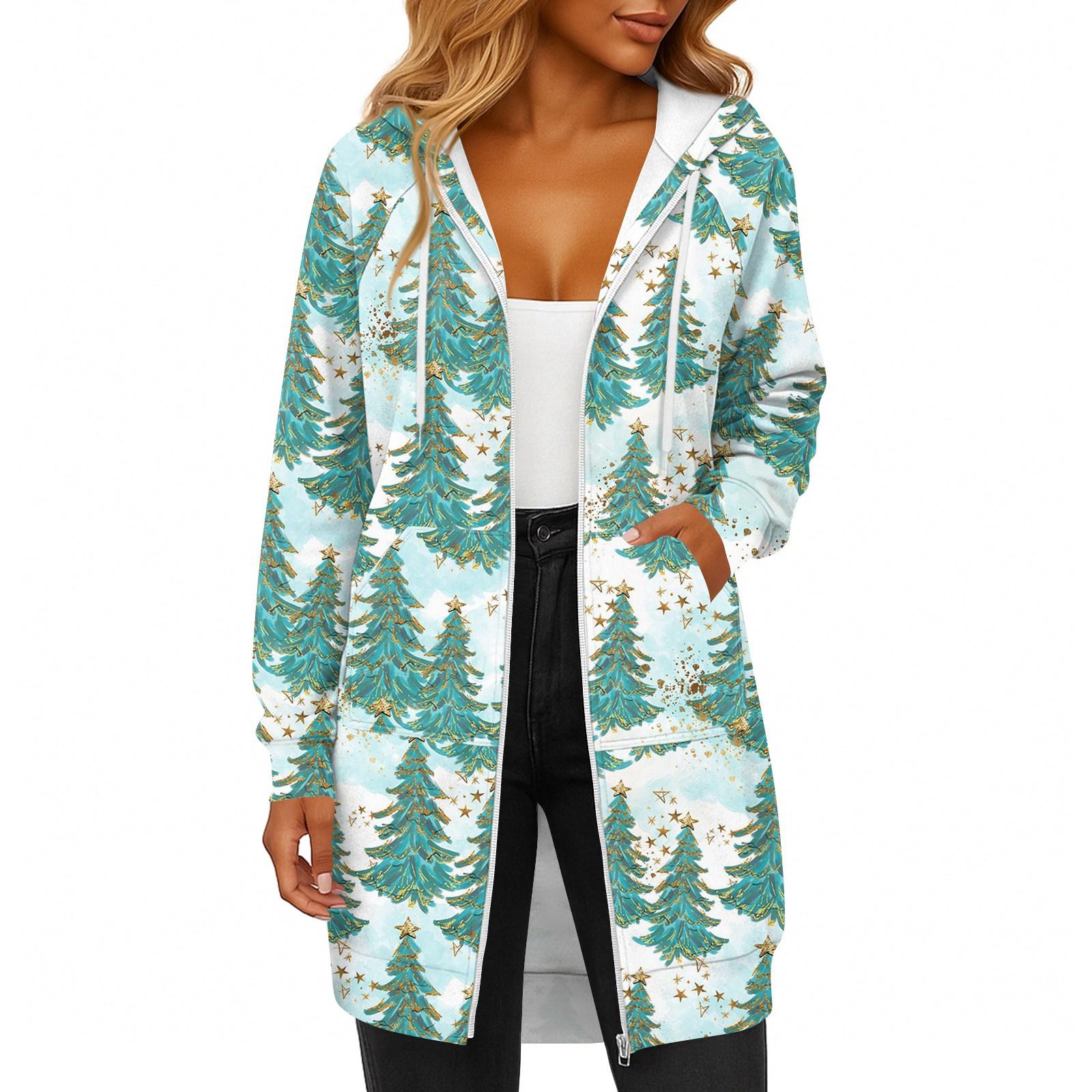 

Женская модная рождественская толстовка с длинными рукавами, капюшоном на кулиске, карманом на молнии, длинная, повседневная XL