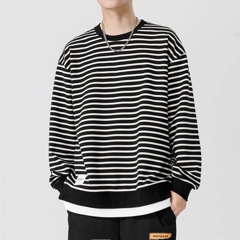 

Striped Sweatshirt Men s Autumn New Loose Trend Fake Two-piece Round Neck Top Bottomed with Long-sleeved T-shirt XXXL чорний