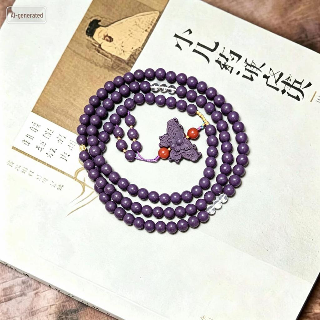 8mm Purple Qi Dong Lai Incense Bead Bracelet with Butterfly Pendant