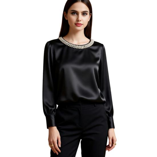 Women Tops Round Neck Long Sleeve Smooth Satin Pullover Tops Solid Color Loose Fit Faux Pearls Decor Casual Shirt Daily Wear
