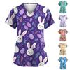 Women's Fashionable V-neck Short-sleeved Work Uniform with Pockets, Easter Print Top, Caregiver Uniform.