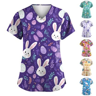 Uniforme de trabajo de manga corta con cuello en V a la moda para mujer con bolsillos, top con estampado de Pascua, uniforme de cuidador.