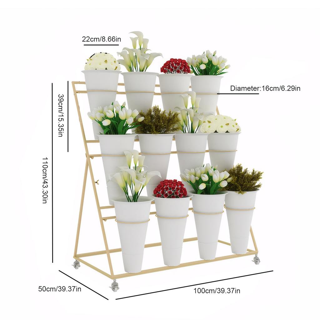 Flower Display Stand 3 Layers Metal Plant Stand with Wheels and Foot Brake 12pcs Tapered Plastic White Flower Pots