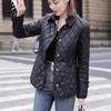 Women's Black Diamond Quilted Puffer Jacket with Metal Buttons, Casual Winter Coat