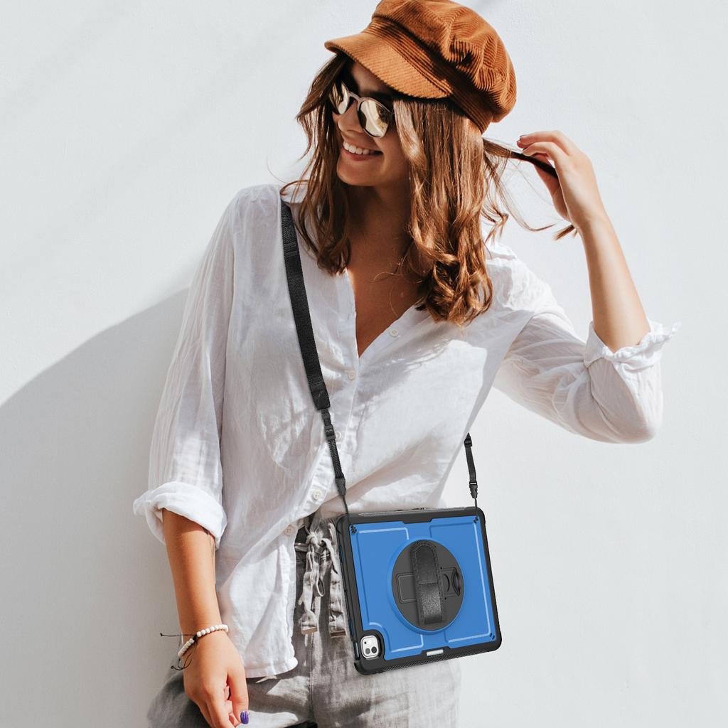 For iPad Pro 13 (2024) M4 Case Kickstand PC+TPE Tablet Cover with Hand Strap and Shoulder Strap