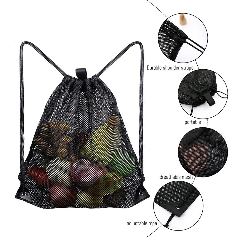 Drawstring Mesh Backpack Bags Heavy Duty Multifunction Bag Soccer Basketball Gym Sports Equipment Storage Bags Beach Toy Net Bag