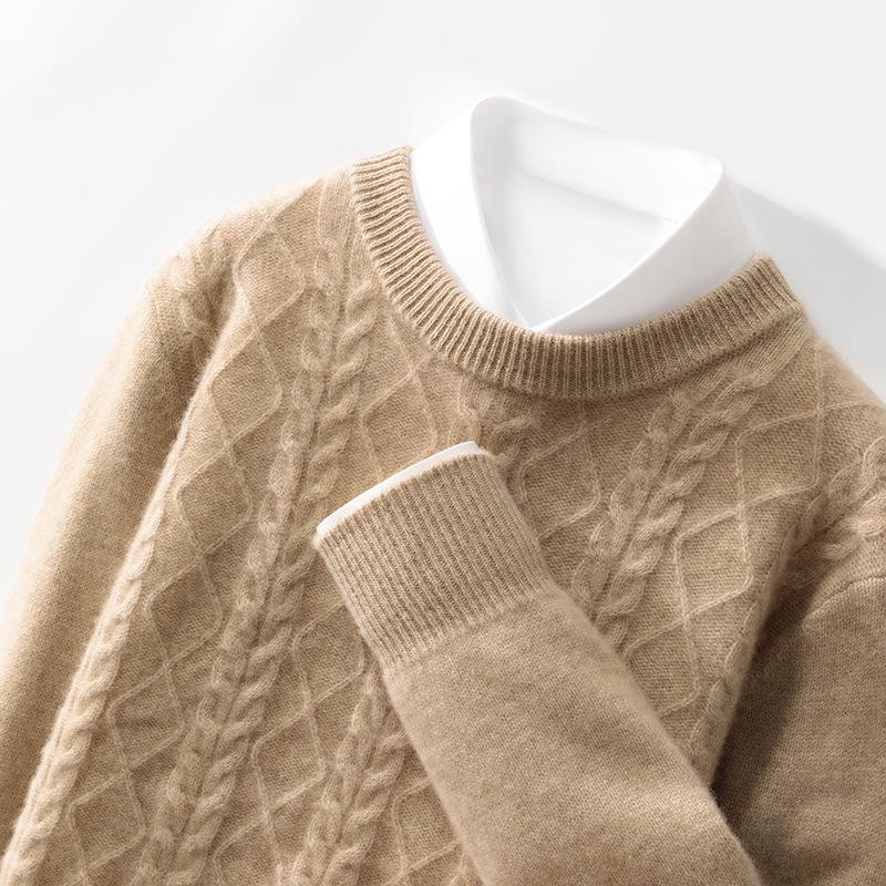 

100% Pure Wool Men s Cable Knit Round Neck Pullover - Business Casual Base Layer XXXL верблюд