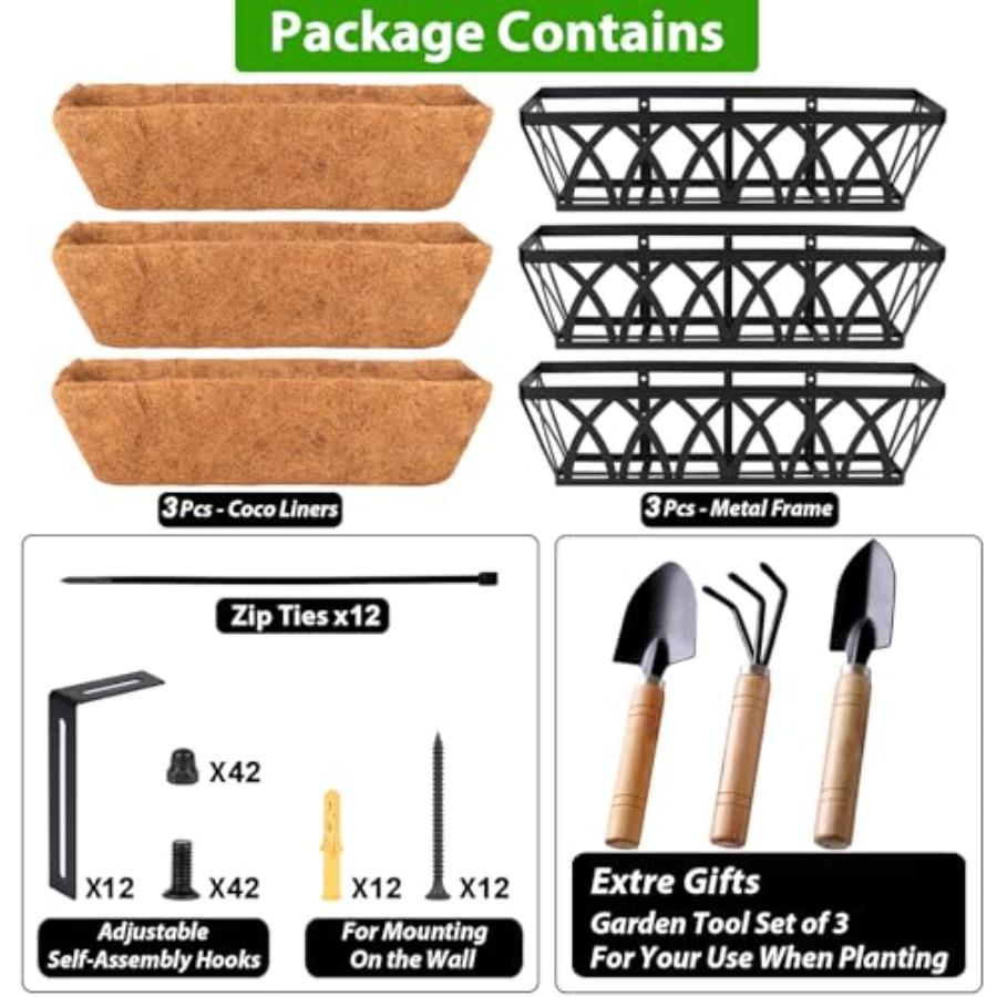 Deck Balcony Railing Planter Window Boxes - 3 Pack 24 Inch Planters for Outdoor Fence Railing Hanging Brown Rust-Resistant Meta