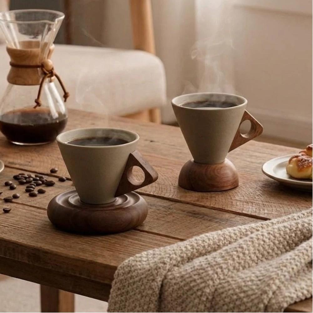 Retro Style Triangular Cone Cup Wooden Base Japanese Ceramic Mug Funnel Coffee Mug  Cafe Use