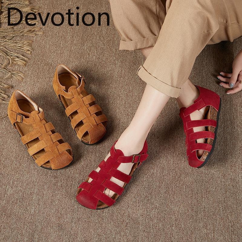 Genuine Leather Retro Toe Roman Sandals Women's Flat-bottomed Thick-soled Cowhide Woven Women's Shoes Devotion