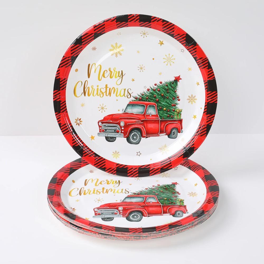 Plaid Print Christmas Disposable Tableware Set Serves 24 Disposable Paper Tableware  New Year