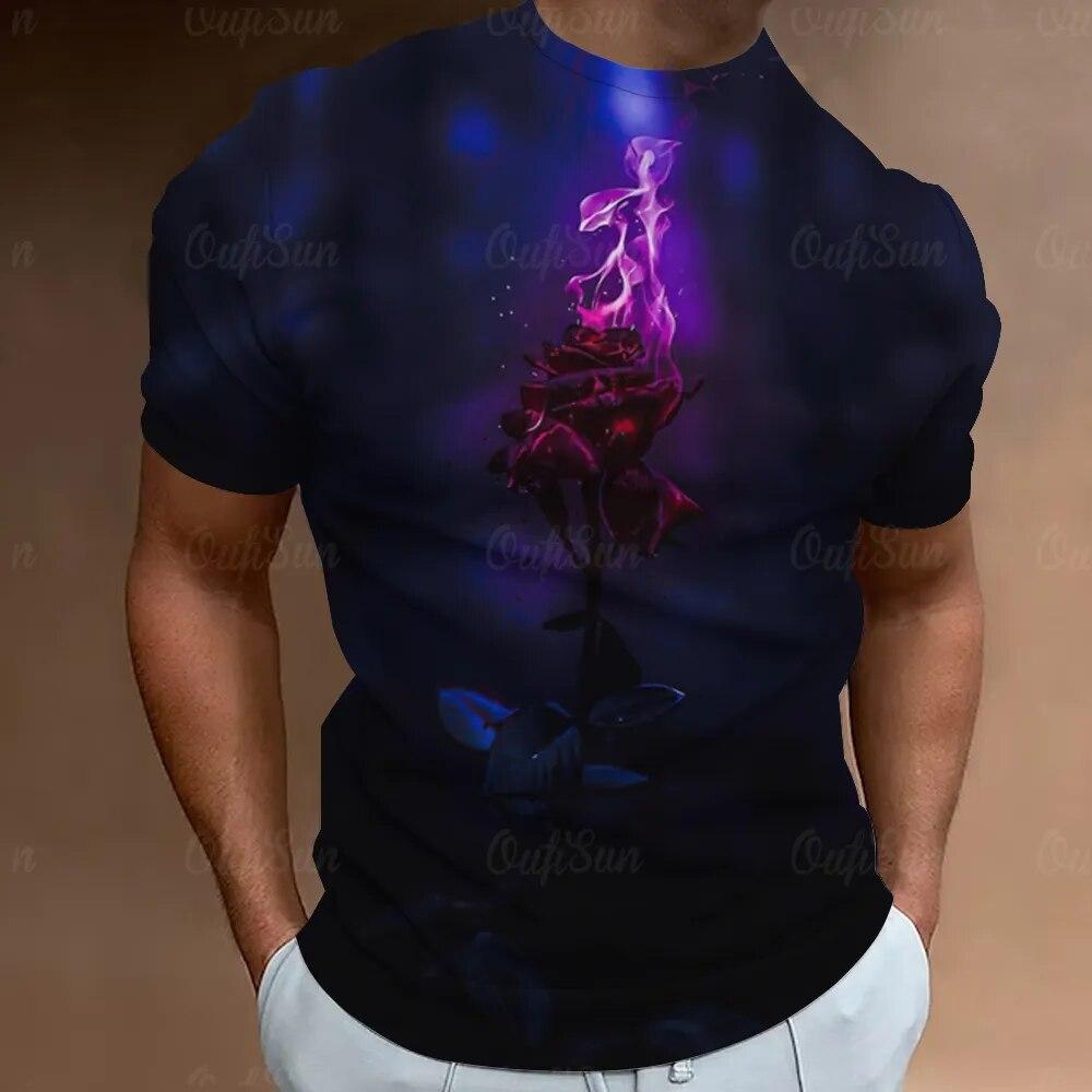 Fashion Men's T-Shirt 3D Flower Print Short Sleeve Tops Street Casual Rose T Shirt Streetwear Oversized Tee Shirt Men Clothing