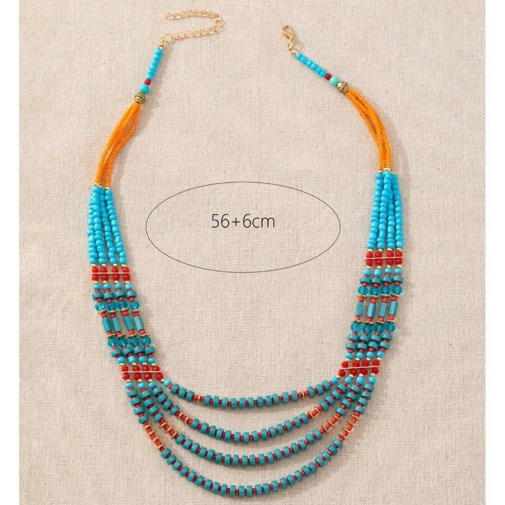 Turquoise & Orange Multi Layered Beaded Necklace Vibrant Color Tribal Bib Necklace  Women