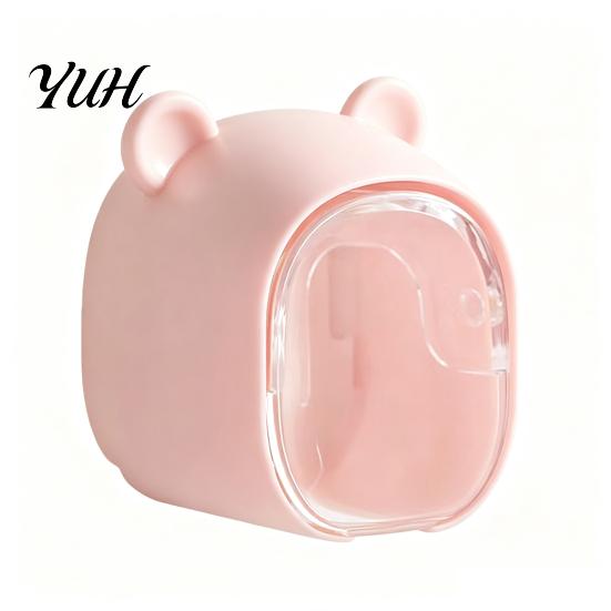 Space Saving Toothbrush Case Cute Bear Wall Mounted Holder with Dustproof Flip Cover, Single Hygienic Brush Protector Dispenser Storage Organizer,