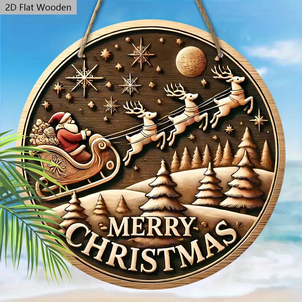 Panneau de Noël Classique en Bois Père Noël - Panneau Rond Navidad pour Décoration de Cour Porte Murale - Décoration de Noël Idéale