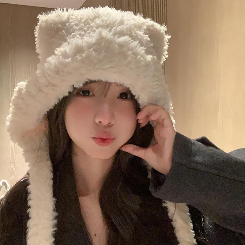 Fashion Cute Bear Ears Winter Hat Woolen Ear Protection Bucket Hat Plush Cold-Proof Cycling Cap For Women
