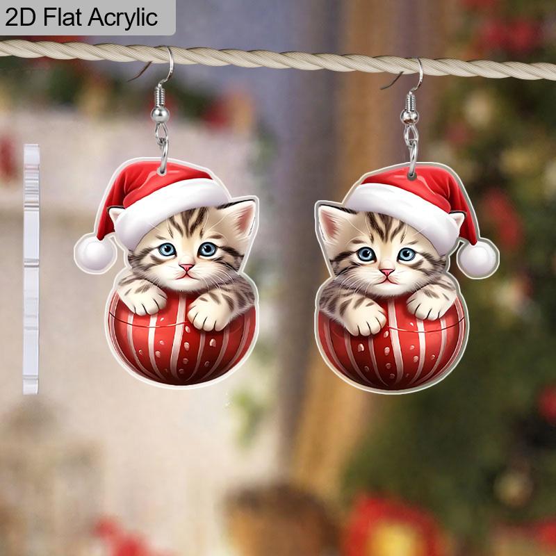 2D Flach 1 Paar Weihnachten Cartoon Weihnachtsmütze Katze Muster Ohrringe Schmuck Geschenk für Frauen Weiblich