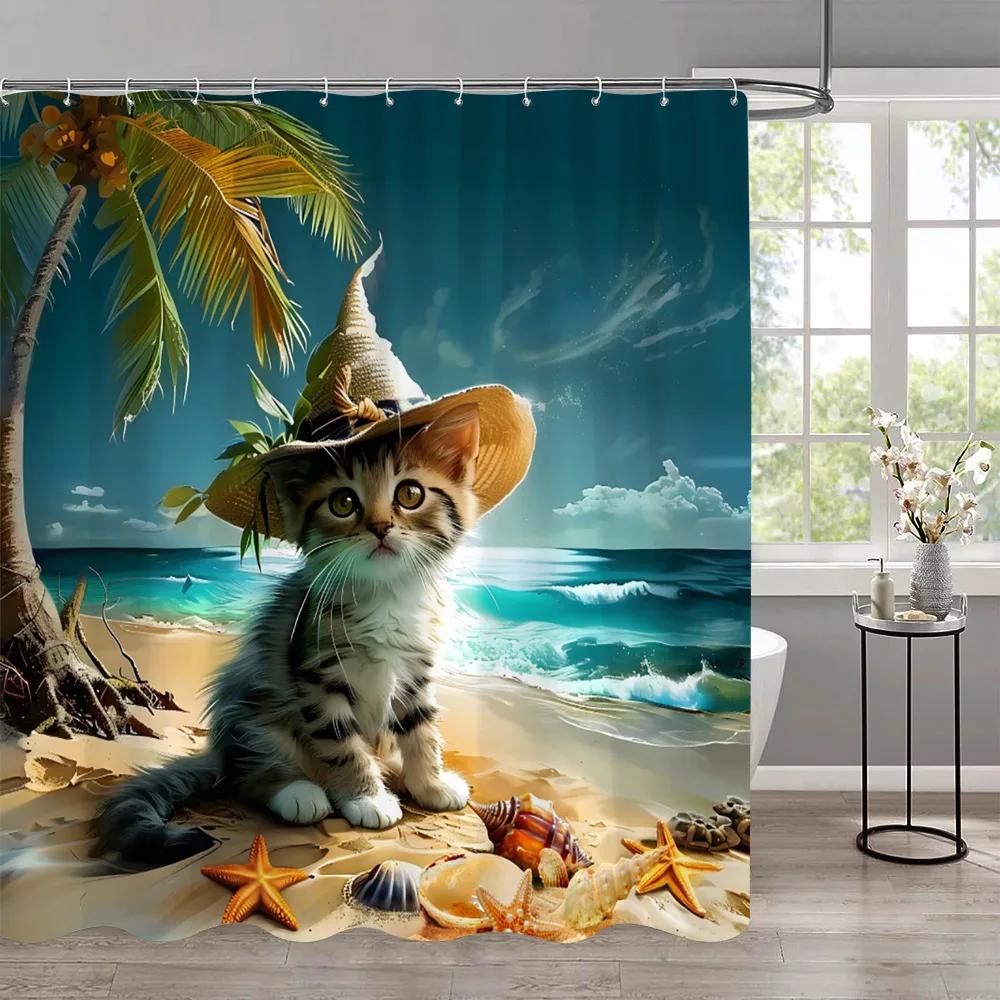 Funny Cat Children'S Shower Curtain Colourful Cartoon Patterns Children'S Room Curtains Bathroom Decor Accessories With Hooks