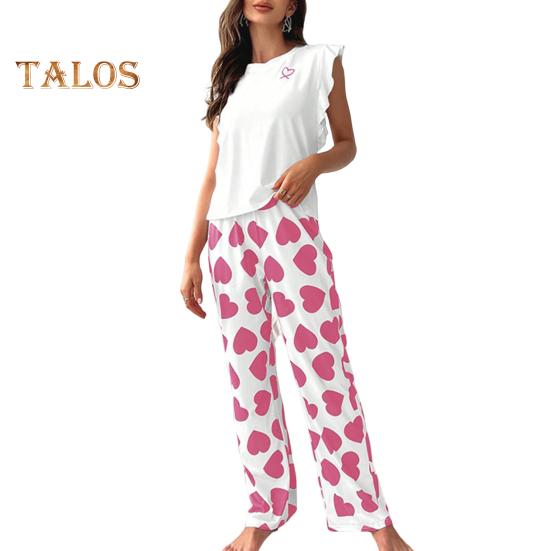 Damski Satynowy Zestaw Piżamowy Z Falbankami Top na Ramiączkach i Spodnie z Szerokimi Nogawkami Zestaw Casualowy 2-częściowy Strój Domowy Zestaw Lounge