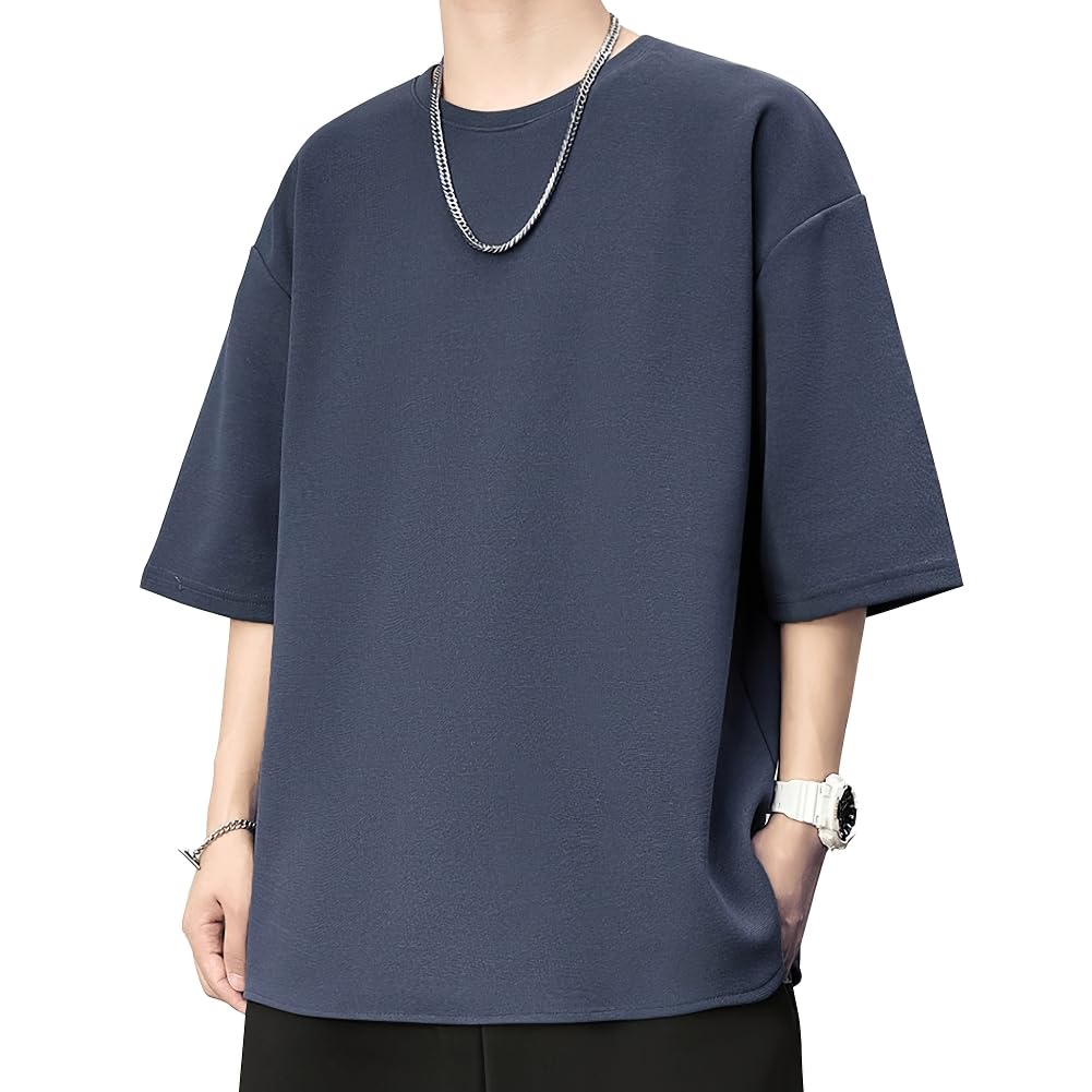 Yezai Short Sleeve Summer Cool To the Loose Solid Men's T-Shirt, Touch, Oversized, Breathable, Sweat-Wicking, Quick-Drying, 3/4 Sleeves, Fit, Color,